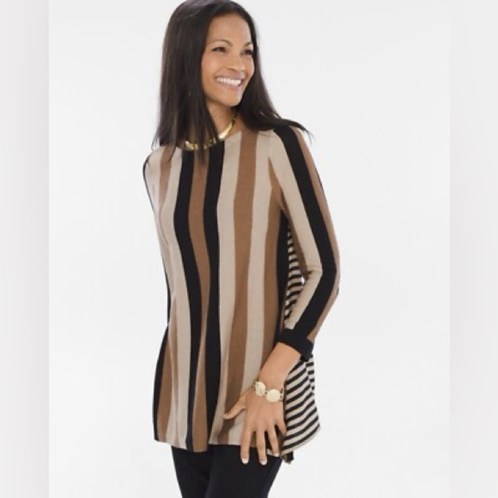 Chico's Trapeze Tunic Sweater Black, Brown, Tan, Cream Striped Elegant Tiny Pull